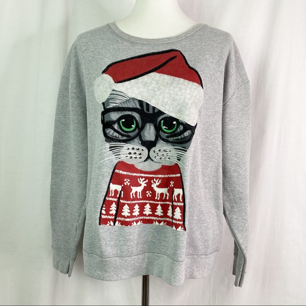 Santa Paws Tabby Cat Heathered Gray Sweatshirt Large